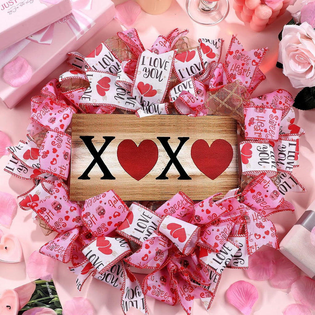 Valentine Wreaths 16 Inch Valentine's Day Wreath for Front Door Heart XOXO Pink Ribbon Mesh Decorations for Wall