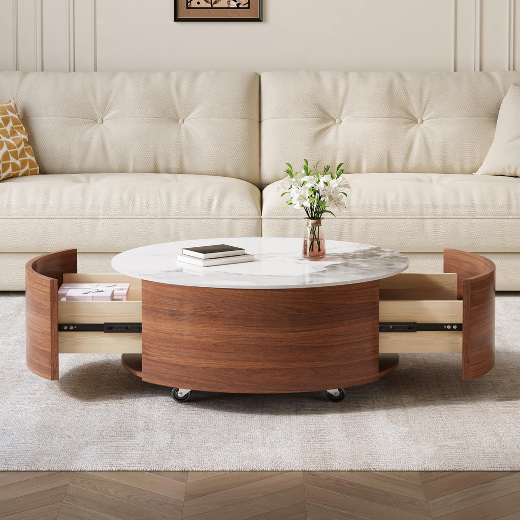 29.5'' Round with 2 Drawer Storage & Smooth-Moving Casters, Modern Fluted Wood, Sintered Stone Marble Pattern Top &