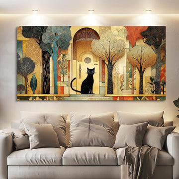 Large Canvas Wall Art Cat Abstract Pictures Vintage Nature Wall Art Modern Farmhouse Cottage Artwork Gold Trees City