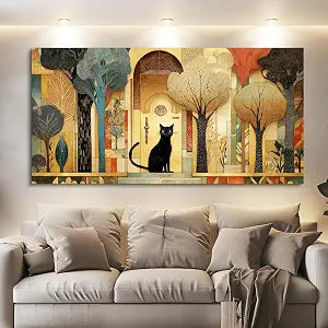 Canvas Wall Art Cat Abstract Cottage Pictures Large Vintage Nature Wall Decor Modern Farmhouse Artwork Gold Trees