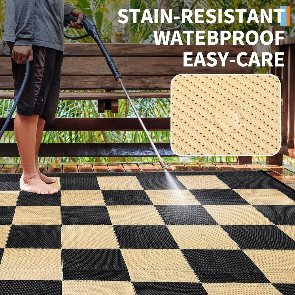 9x12 Checkerboard Outdoor Rug, Reversible Woven Plastic Straw Patio Mat, Checkered RV Camping Carpet with Corner