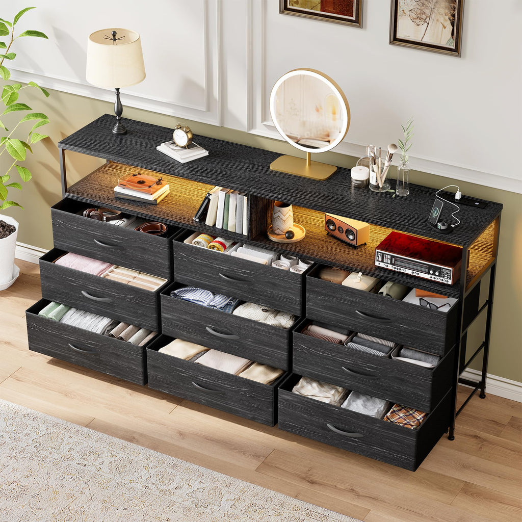 55" W Dresser with Charging Station & LED Light, Black
