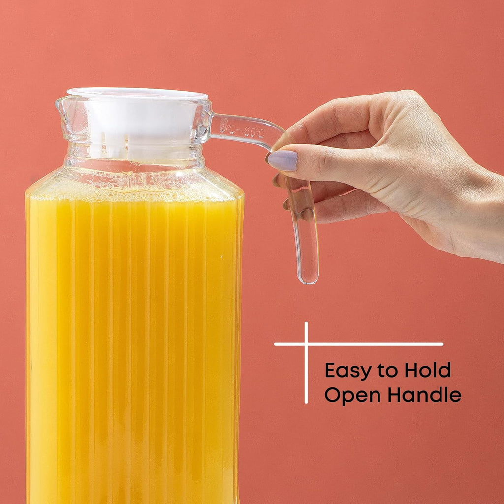 60oz Glass Pitcher with Lid (2 Lids) - Beverage Serveware and Storage Container for Cold Drinks and Liquids. Juice