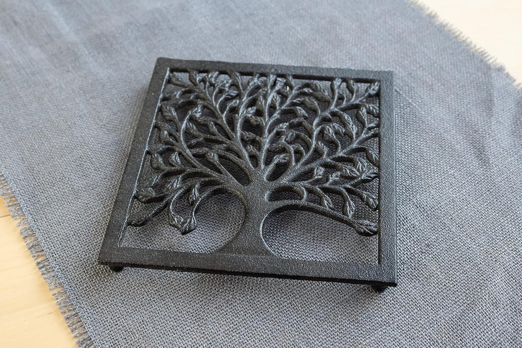 Cast Iron Trivet for Hot Dishes, Pots, and Pans, Metal Trivet, Family Tree Design, Rubber Feet Caps, Ring Hanger, 8