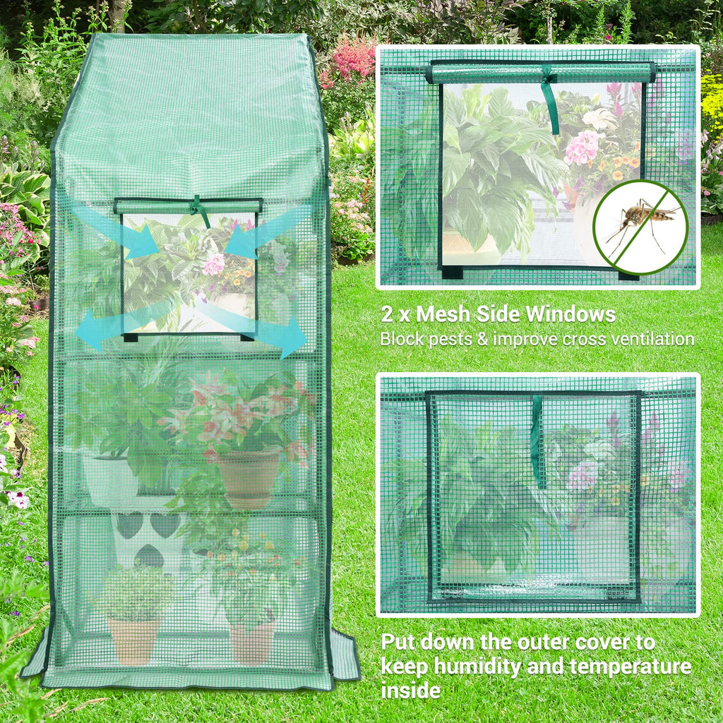Greenhouse for Outdoors with Mesh Side Windows, 3 Tiers 4 Shelves Small Walk-In Green House Plant Stands Plastic PE