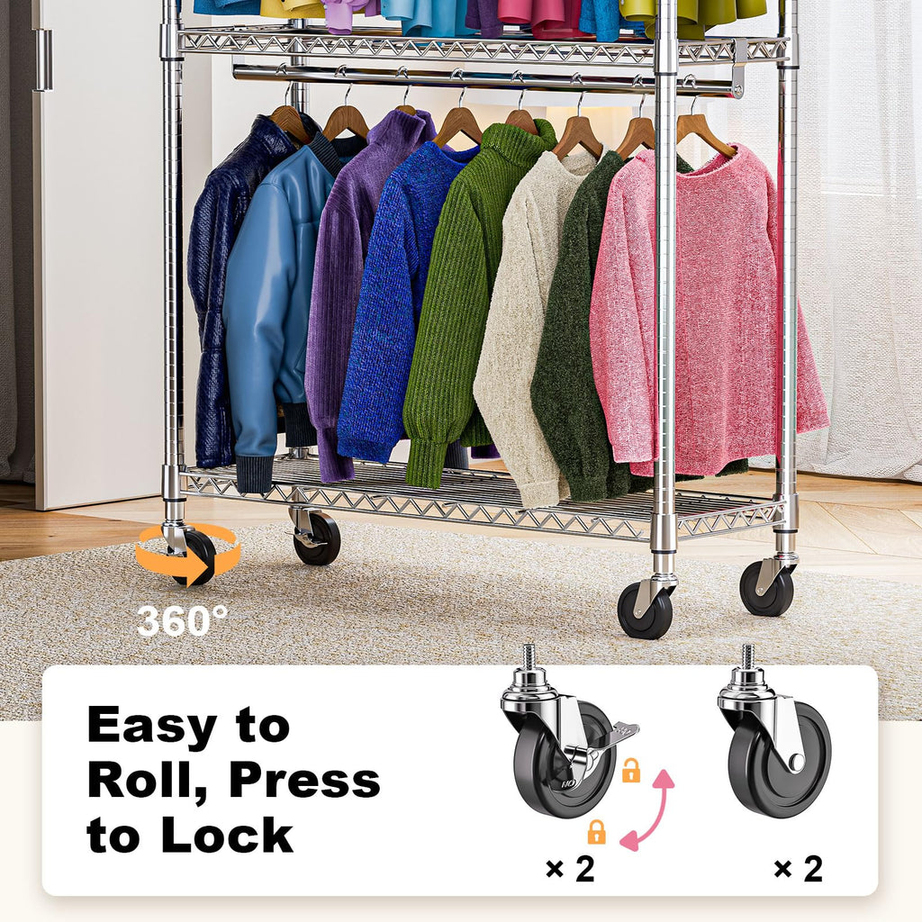 Heavy Duty Rolling Garment Rack 3 Tiers Adjustable Wire Shelving Clothes Rack with 2 Rods and Side Hooks, Storage