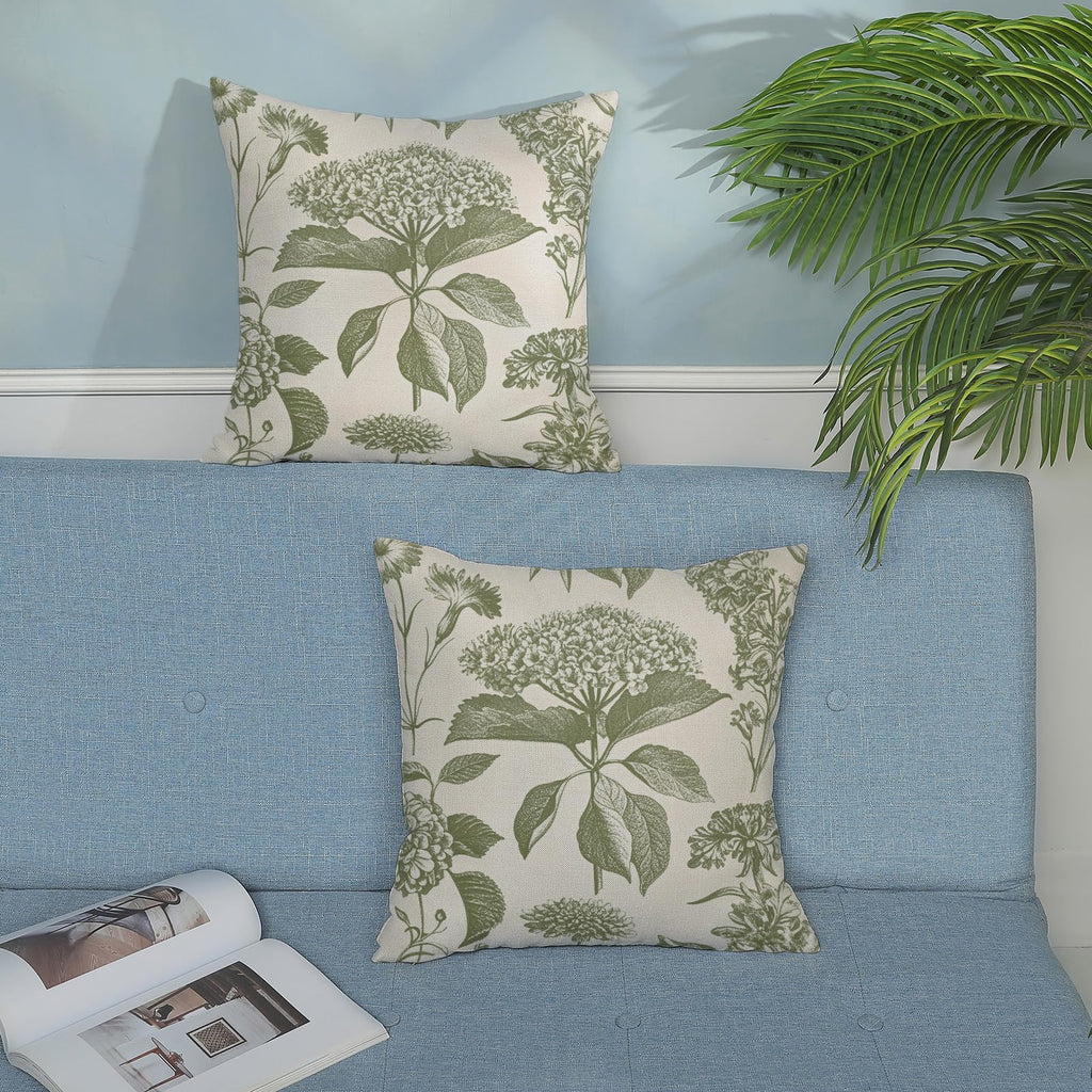 Sage Green Pillow Covers 18x18 Set of 2 Boho Floral Hydrangea Herbs Botanical Throw Pillows Vintage Flower Outdoor