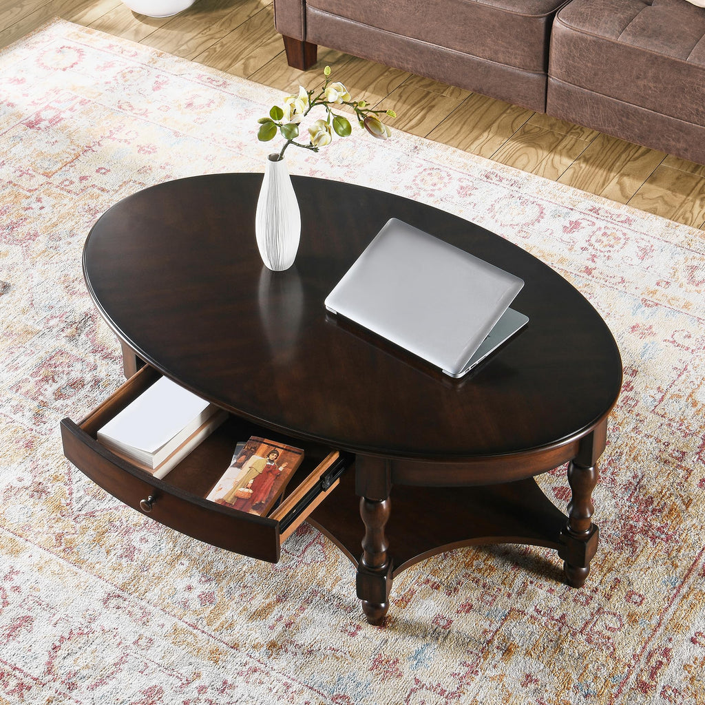 Oval Coffee Table, 2-Tier Solid Wood Table with Storage Drawer, Victorian Antique Ellipse 45" Wx27.6 Dx18.2 H, Easy