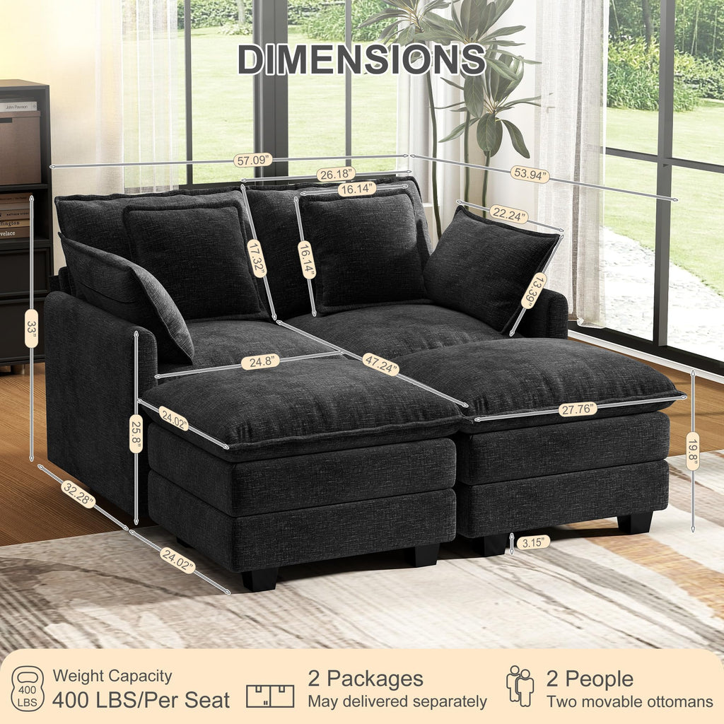 58" Cloud Couch Sectional Modular Sofa, Deep Seat Couches with Ottoman and Removable Washable Pillows, Black