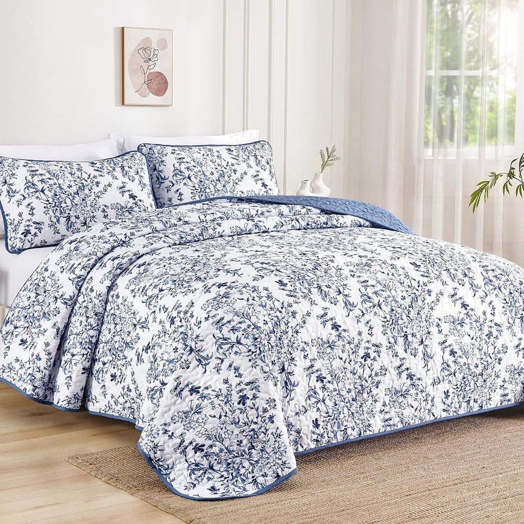 Quilt Queen, Blue Quilt Bedding Set with 2 Pillowcases, Botanical Quilts for Queen Bed, Soft Microfiber Lightweight