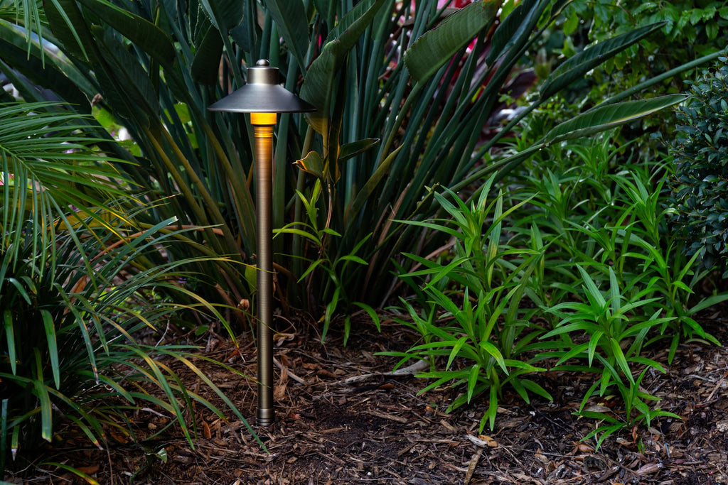 15-Pack 12V Brass Flat Hat Path Lights (7" Shade, 24" Tall), Bronze