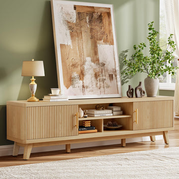 70" Mid Century Modern TV Stand, Fluted Entertainment Center TV Stand with Power Outlet, Reinforced 1.1'' Tabletop &