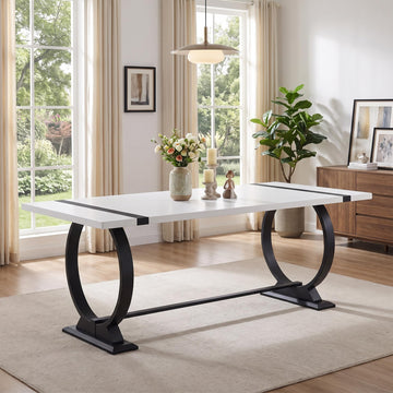 77" White Rectangular Dining Table for 6-8, Wood Top with Black U-Base