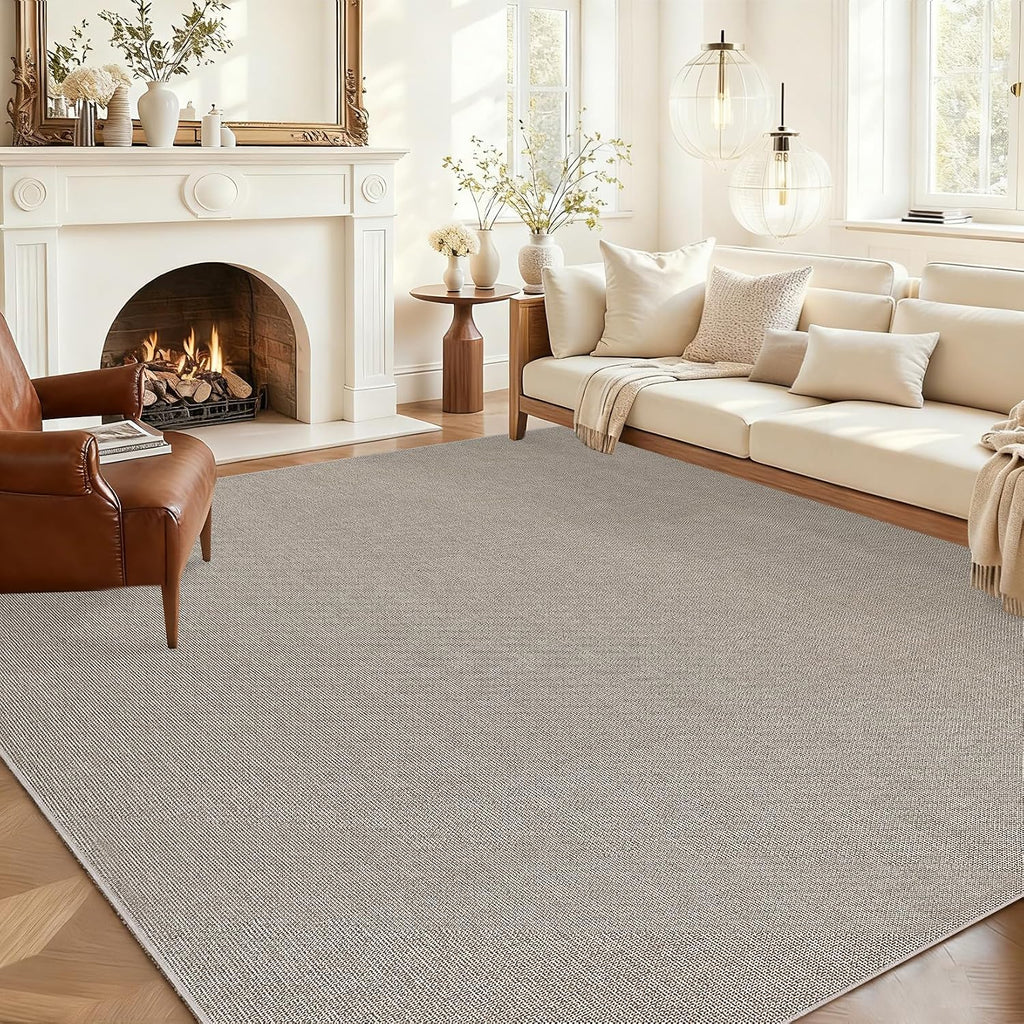 Solid Washable Rugs 8x10 Area Rug Solid Textured Rugs Bedroom, Non-Slip Low Pile Neutral Modern Woven Rug