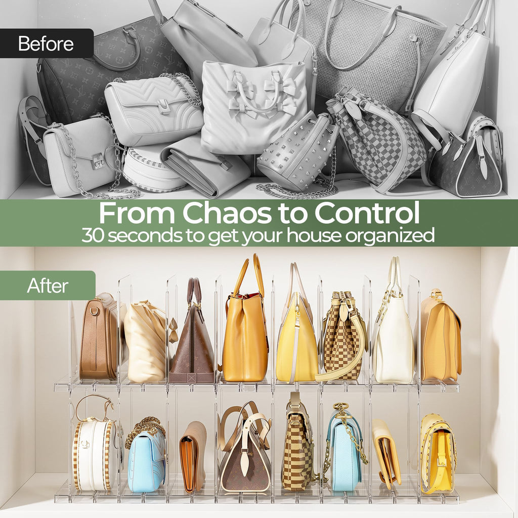 Purse Organizer for Closet, Holds 16 Bags, Clear Acrylic Adjustable Shelf Dividers, Stackable Handbag Storage, Keep