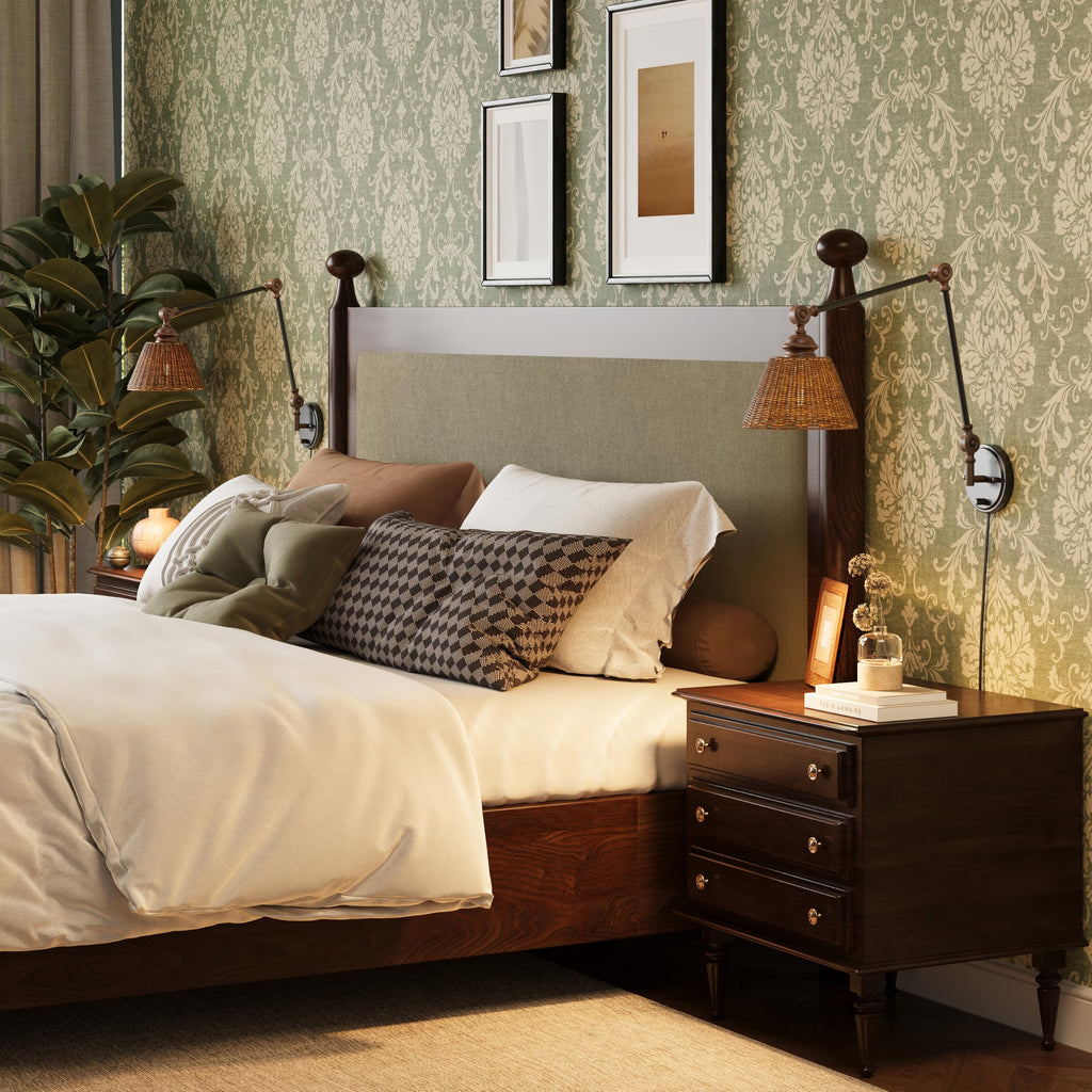 Plug in Wall Sconces Set of Two, Black Walnut Swing Arm Wall Lamp with 6.6FT Plug-in Cord and Knob Switch, Rattan