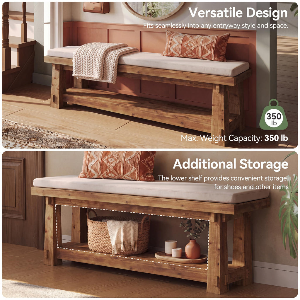 55'' Solid Wood Entryway Bench with Shoe Storage, Rustic Brown
