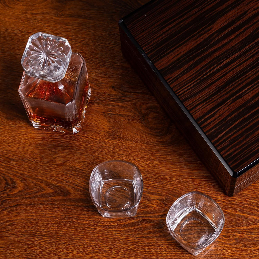 Whiskey Decanter Set with Premium Wood Gift Box: 2 Rock Glasses, Crystal Glass Decanter, Bourbon, Whiskey, Gifts - Set of 5