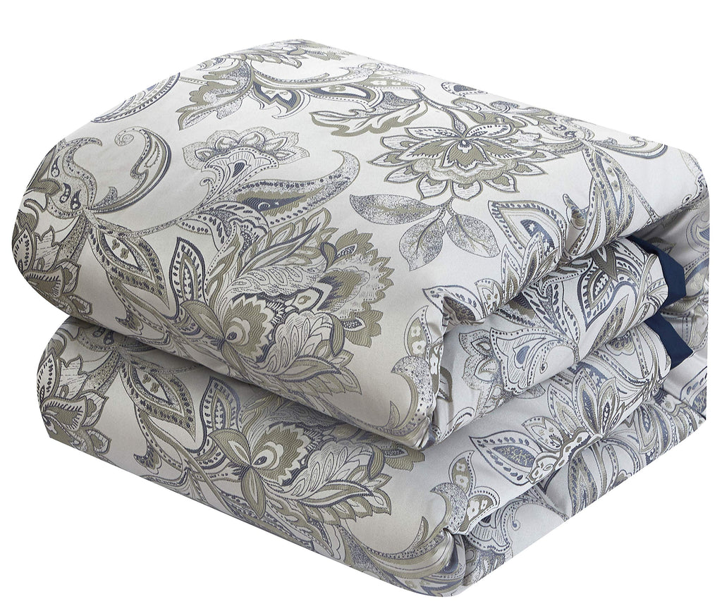 Navy King Comforter Set, Jacquard Bedding, Leaves 7 Pieces Bed Set, Comforters, Bedskirt, Pillows & Shams, Home Decor