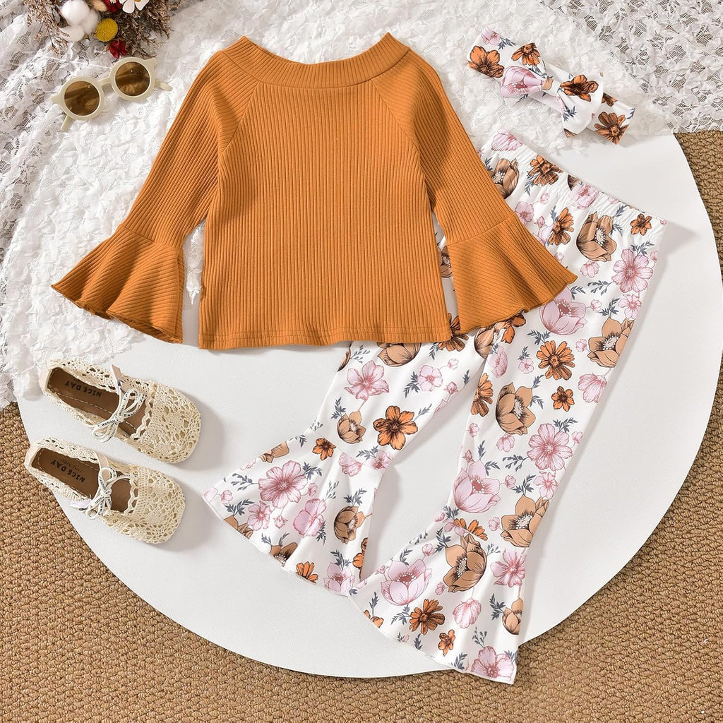 Toddler Little Girls Long Flare Sleeve Tops Bell Bottom Pants Outfit with Headband
