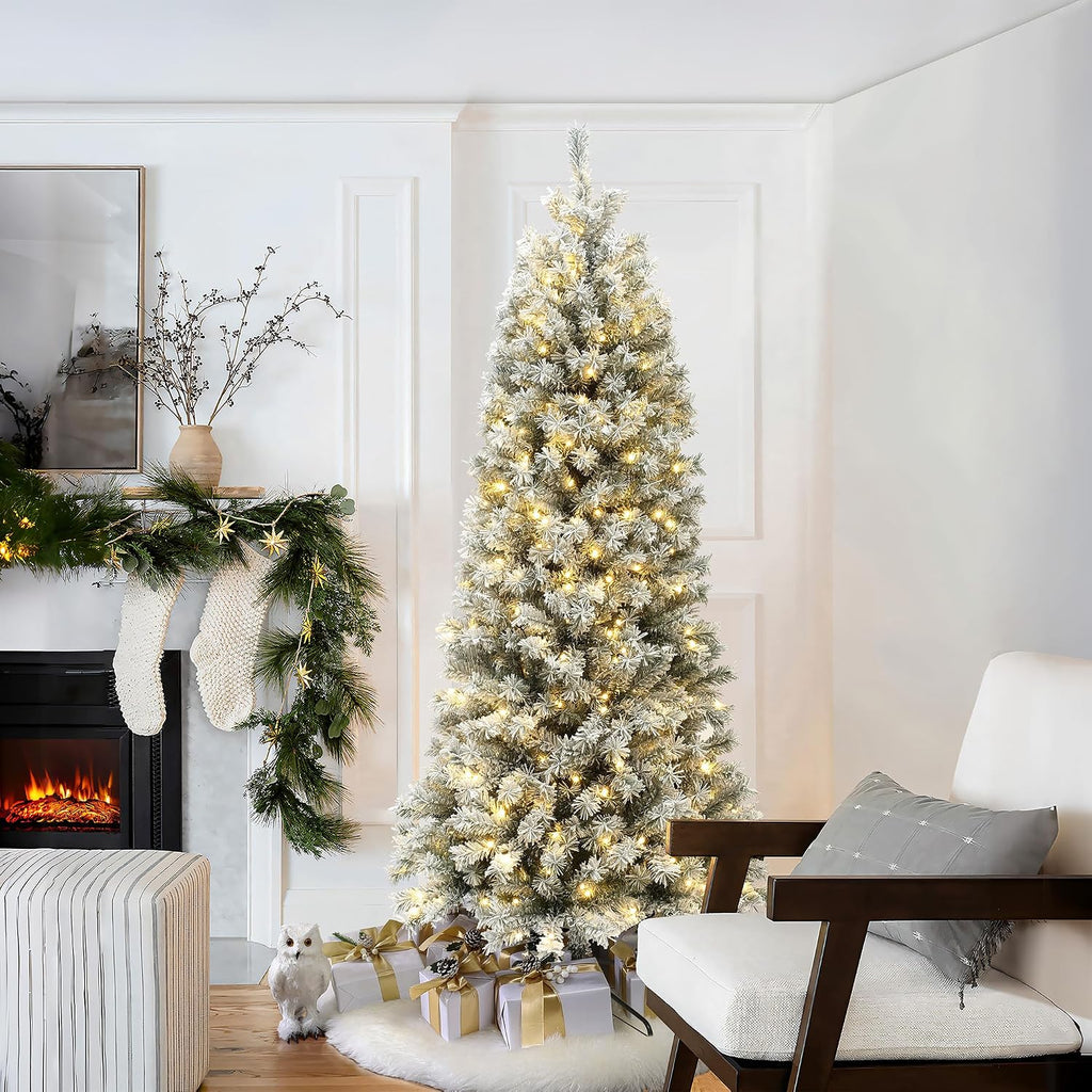 LuxenHome 7FT Prelit Flocked Slim Spruce Christmas Tree
