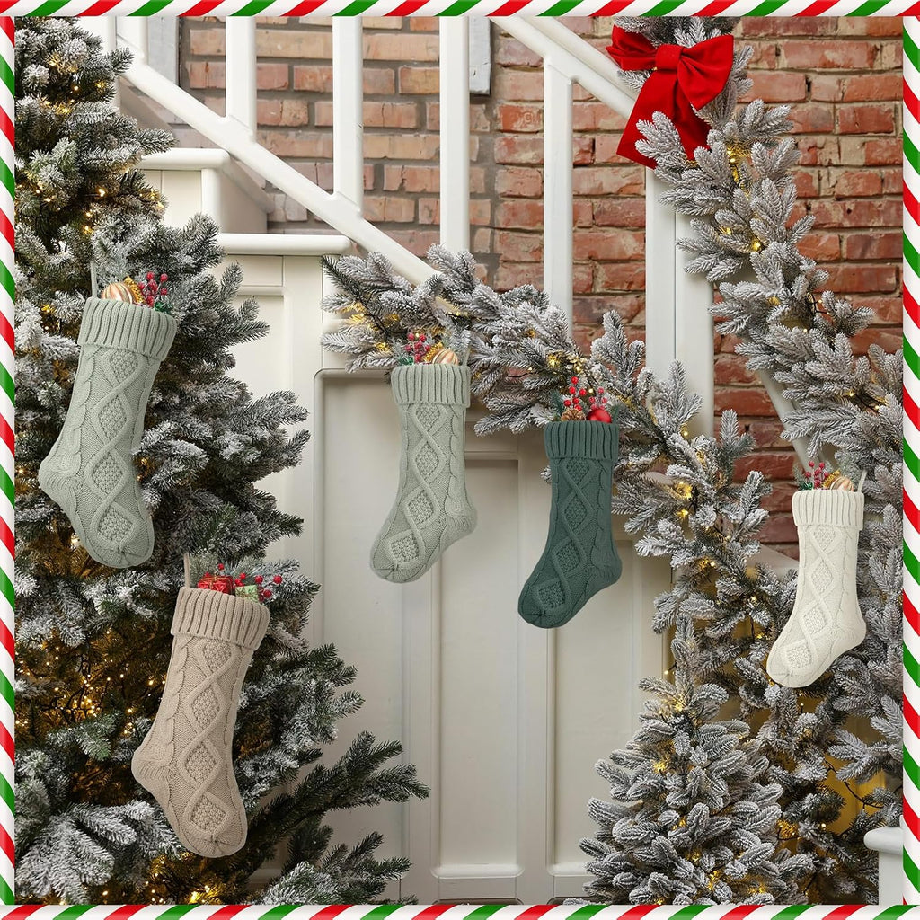 Sage Green Christmas Stockings, 18" Large Knitted Stockings - Set of 4