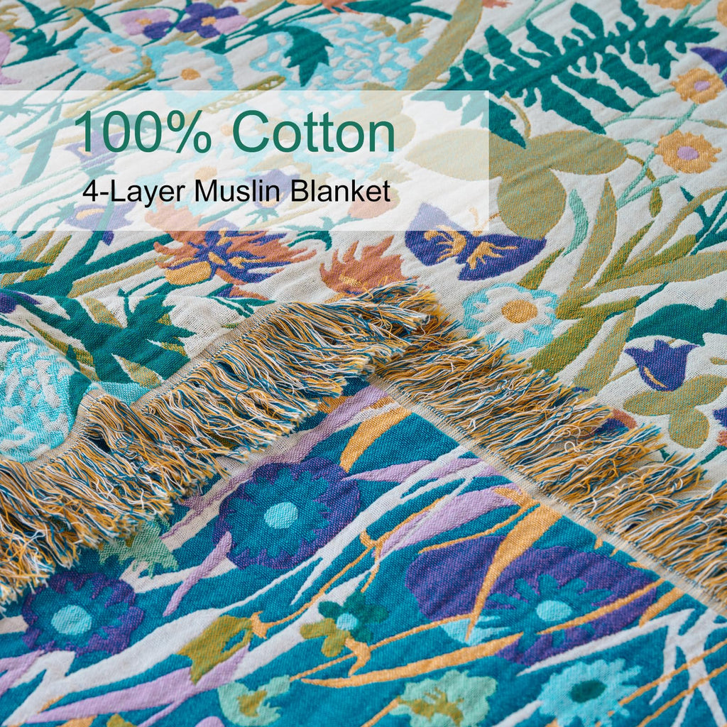 Boho Throw Blanket, 100% Soft Cotton Floral Quilt, Twin 60"x 80"