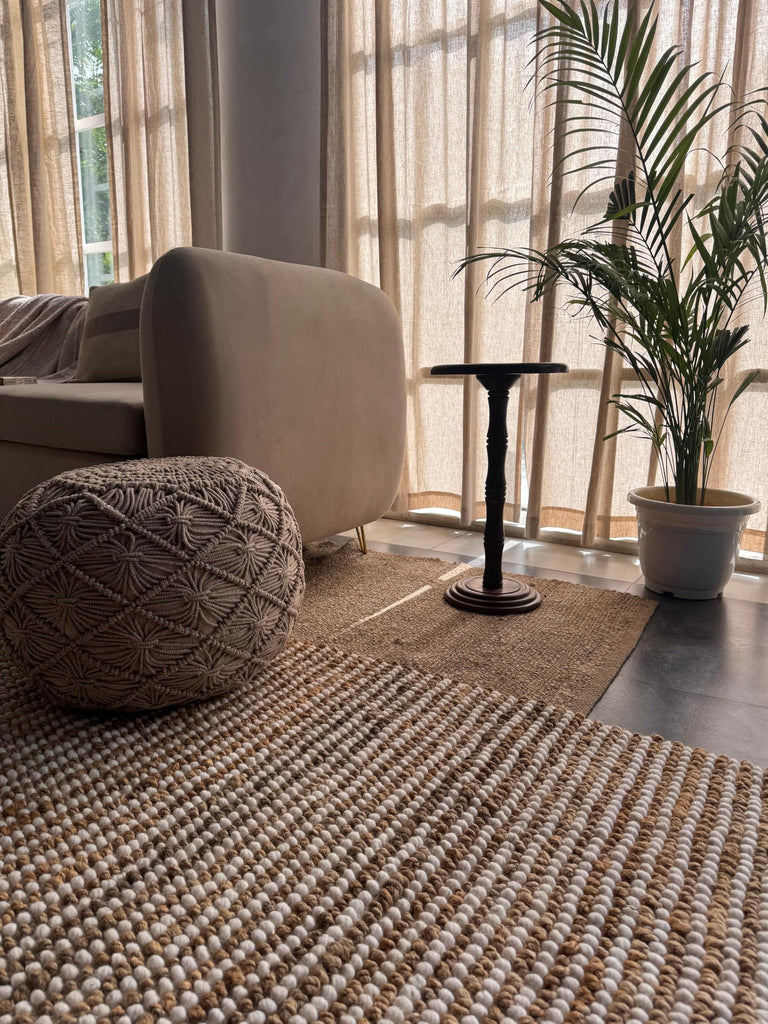 Macrame Pouf Ottoman 20x20x14 Tweed Natural Handwoven Dori Stool