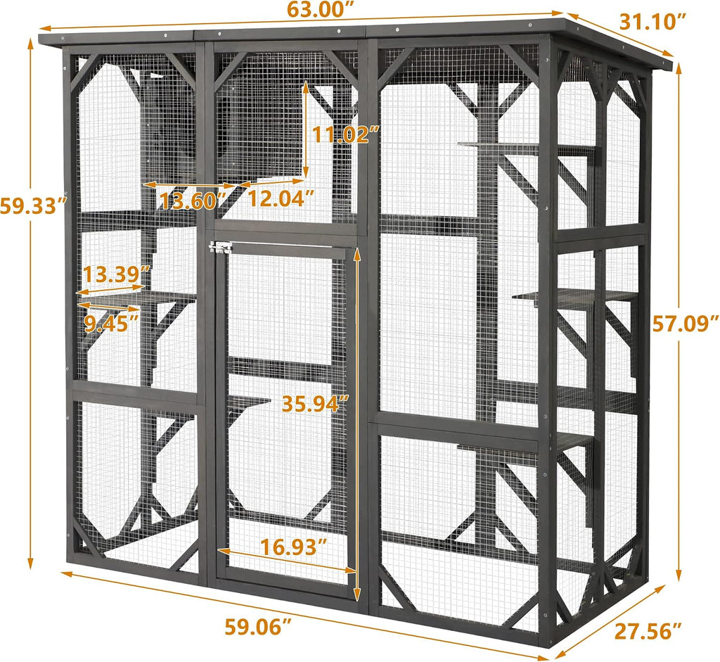 Cat Enclosure Large Outdoor Catio Wooden Cat House with Weatherproof, Cat Cage Condo Indoor Playpen with Platform