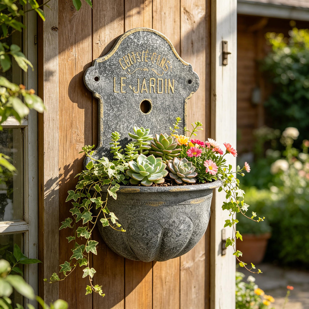 Large French Country Wall Planter, 27.95" H x 18.11" W Vintage Metal Le Jardin Wall Mounted Flower Pot, Rustic