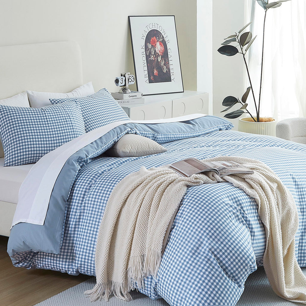 Comforter Set, Blue Gingham, Reversible, 3 Pieces