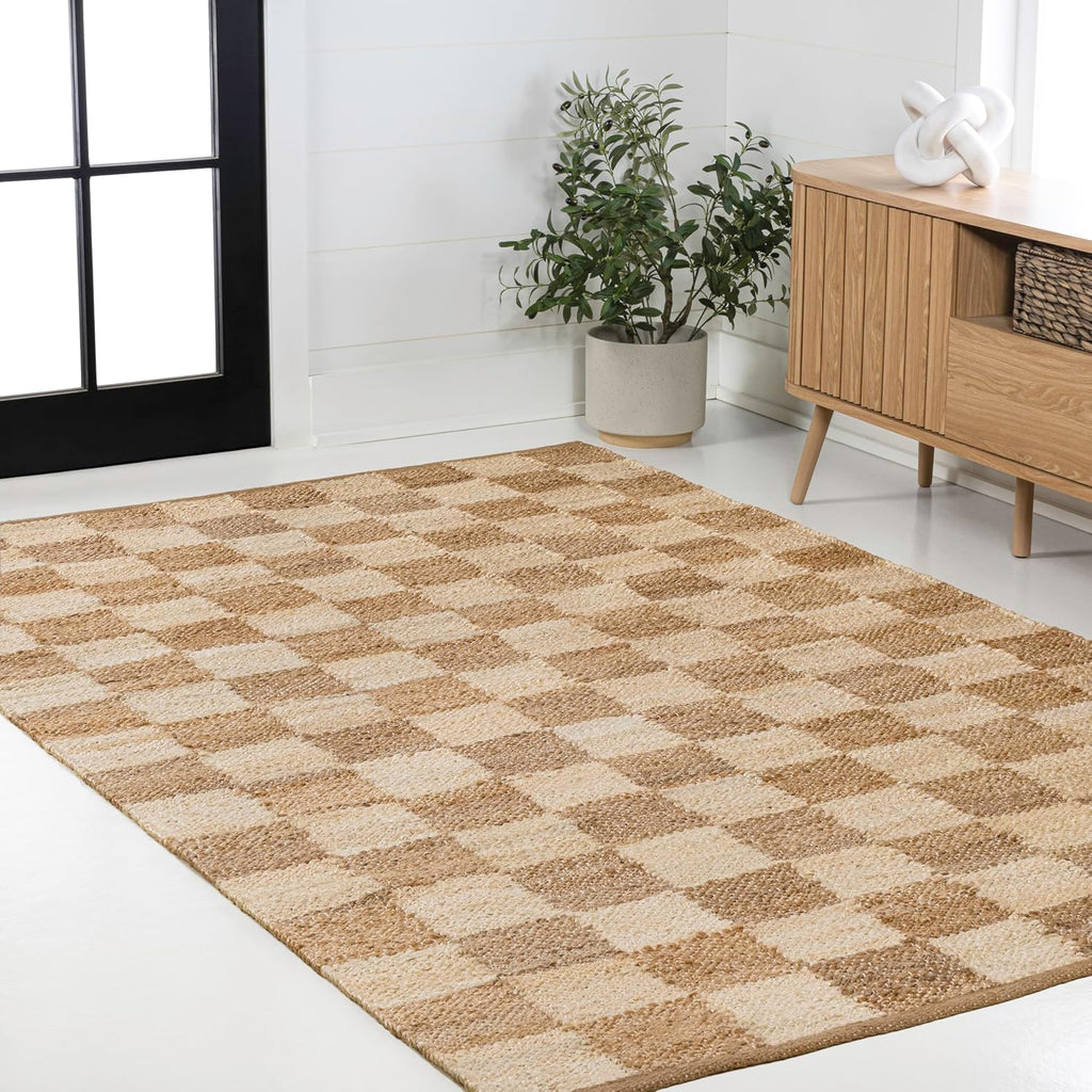 Theo Woven Jute Checkerboard Natural/Bleach Indoor Area Rug, Modern, Farmhouse, Rustic, Lodge, Easy-Cleaning