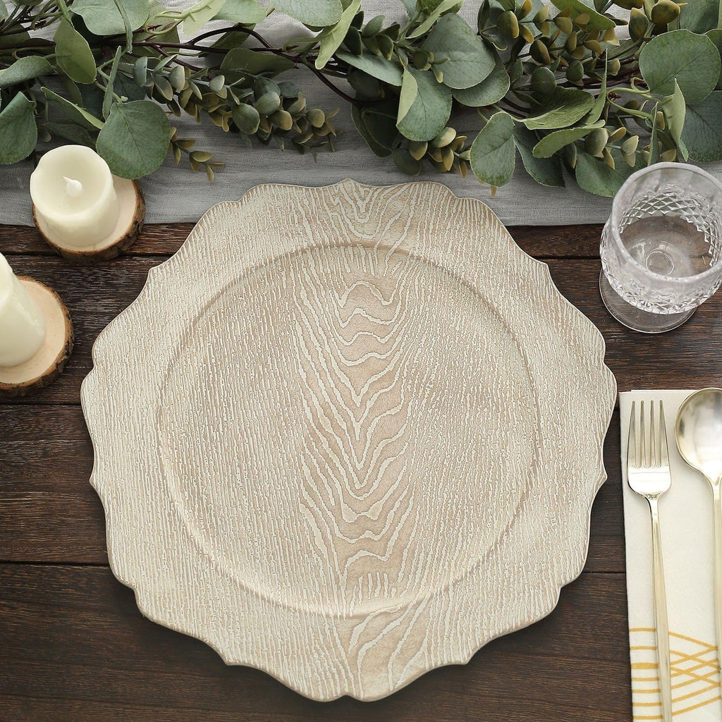 Rustic White 13 in Wooden Round Acrylic Charger Plates | 13-Inch Scalloped Trim Dinnerware Set for Holiday Parties
