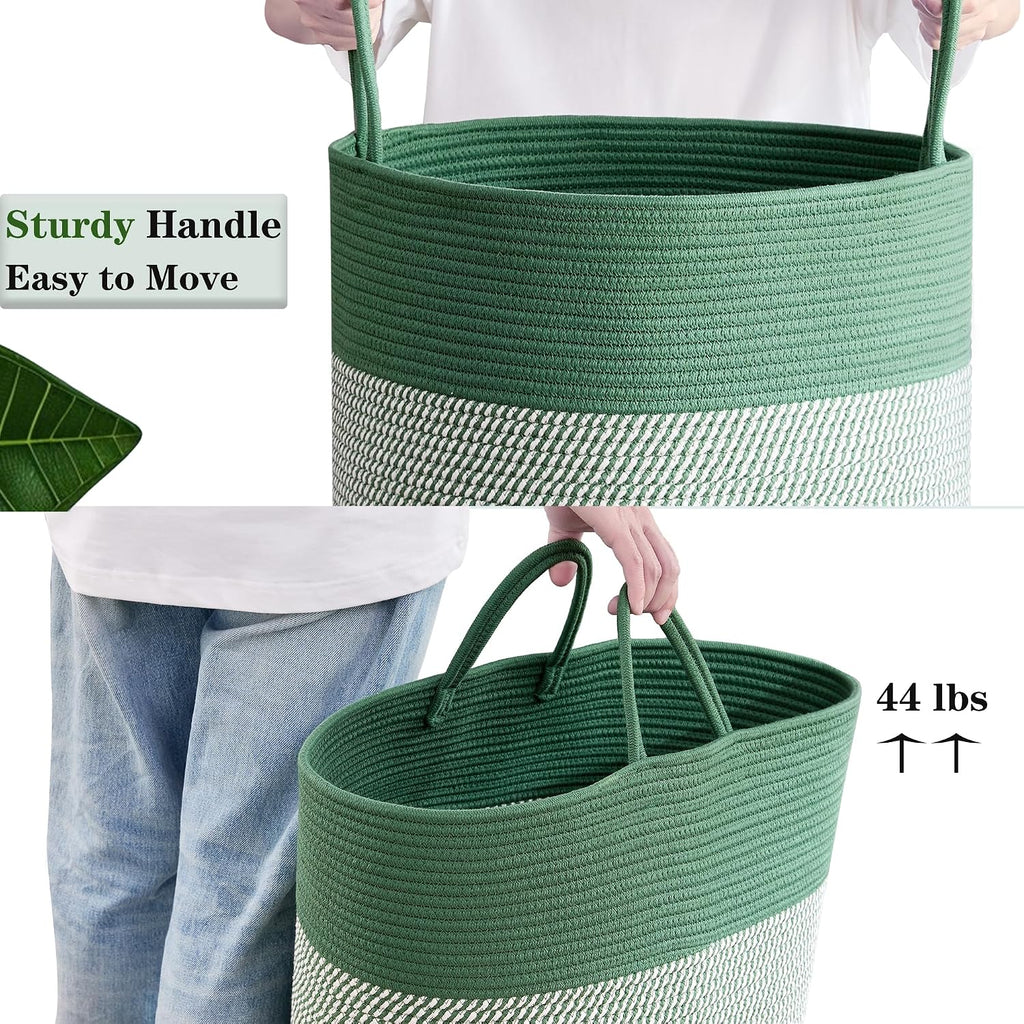 80L Large Green Hamper Tall Woven Laundry Basket | Cotton Rope Clothes Hamper Baby Nursery Hamper Bin for Girls Kids