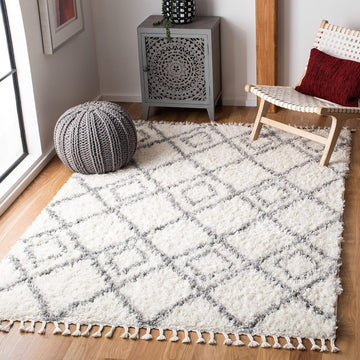 Moroccan Tassel Shag Collection Area Rug, Ivory & Light Grey, Boho, Non-Shedding & Easy Care, 1.5-inch