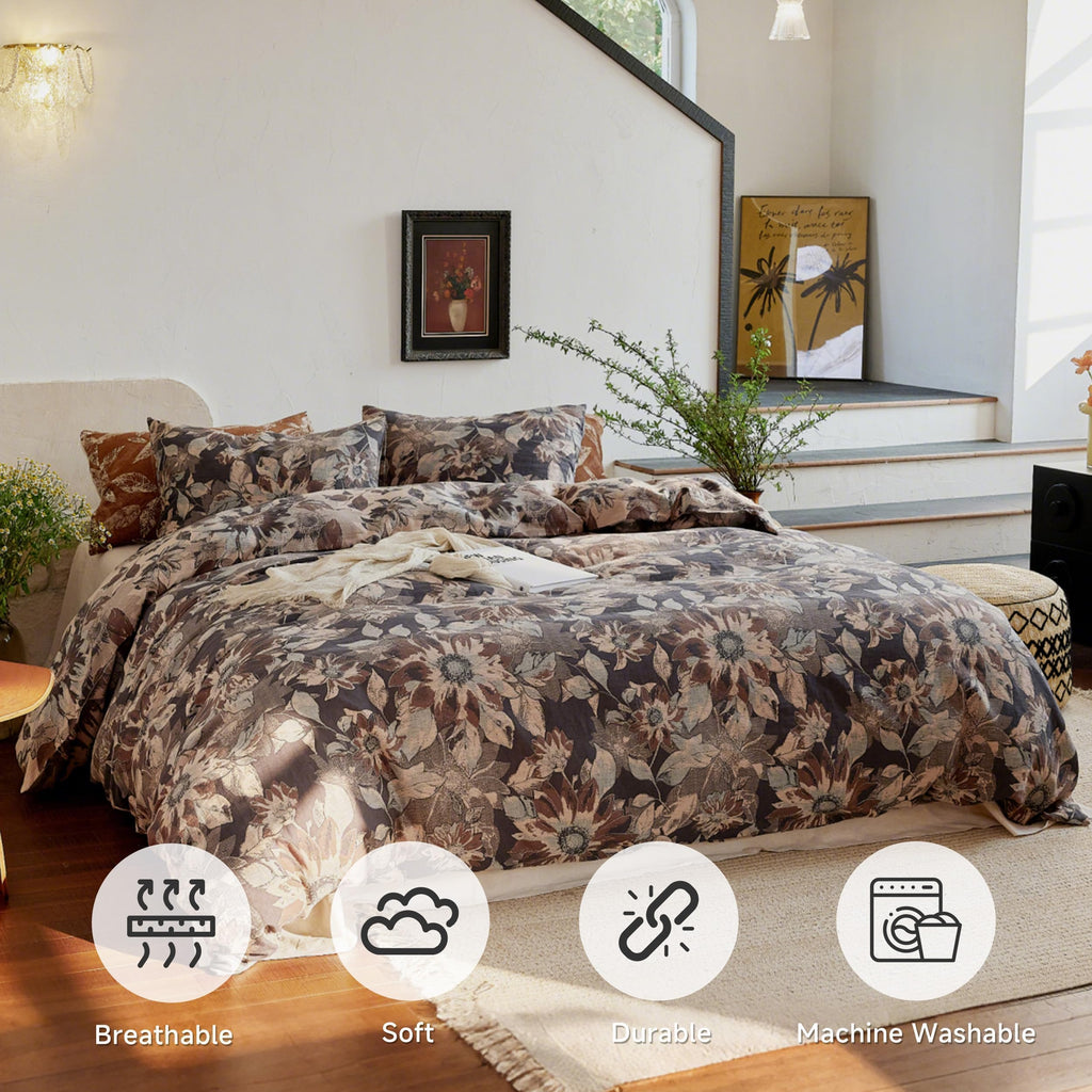 Premium 100% Cotton Muslin Duvet Cover King Size, 3 PCS Double Gauze Yarn-Dyed Jacquard Duvet Cover Set with Zipper