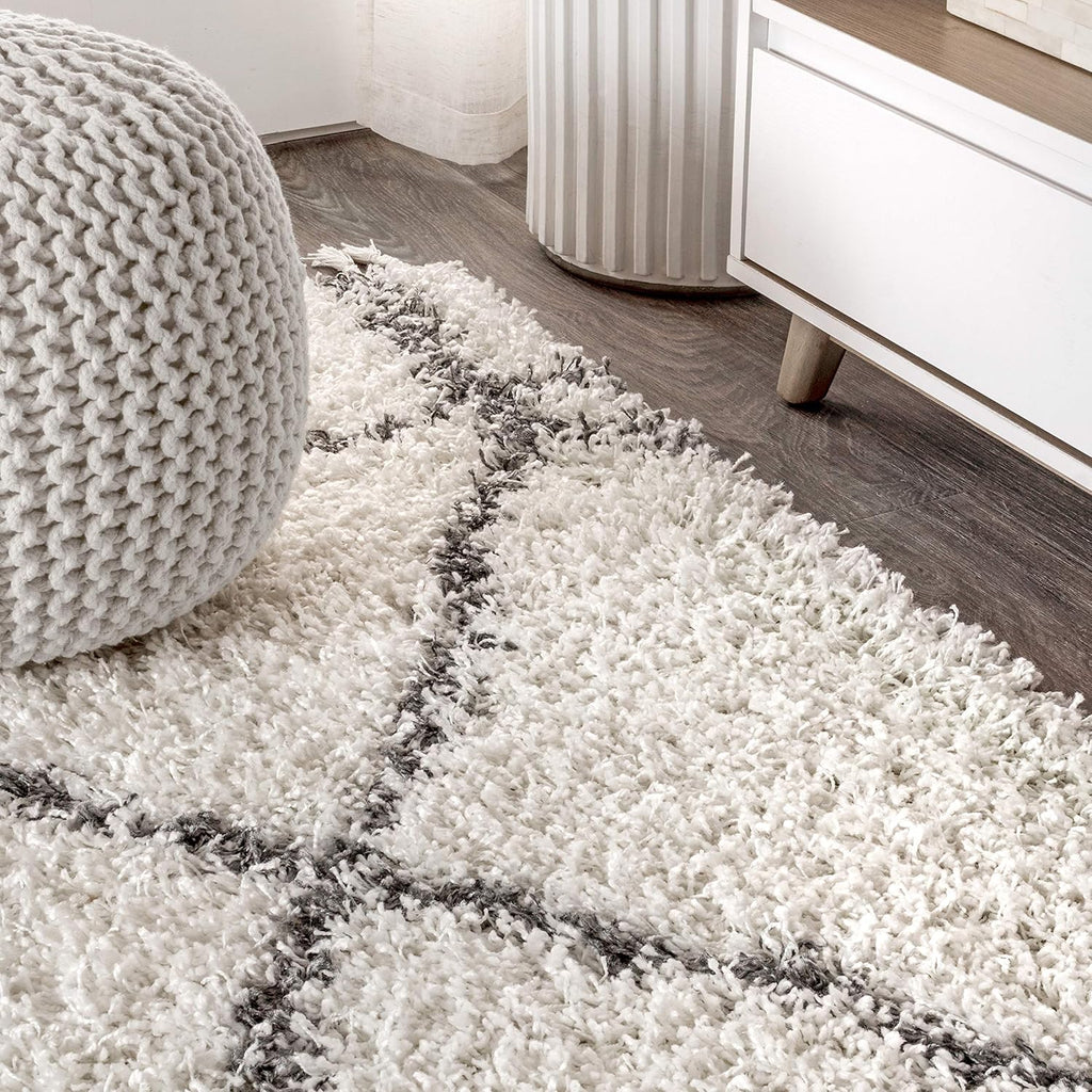 Mercer Shag Plush Tassel Ivory/Gray Indoor Area Rug, 3x5, Moroccan Geometric Trellis, Easy-Cleaning