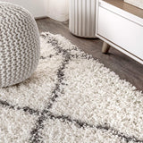 JONATHAN Y Mercer Shag Plush Tassel Ivory/Gray Indoor Area Rug, 3x5, Moroccan Geometric Trellis
