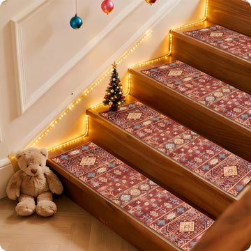 Stair Treads for Wooden Steps, Boho Brown Red, 8x30 inch, Pack of 15