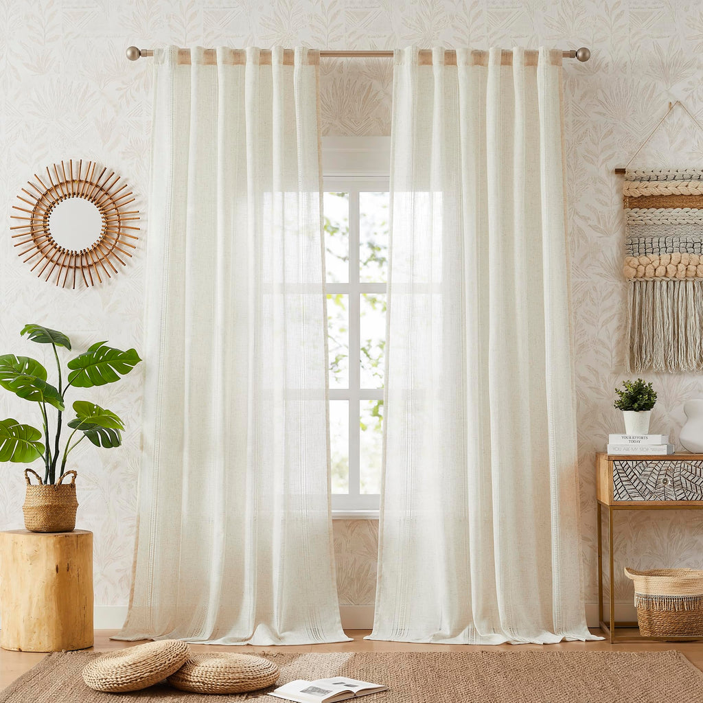 Natural Linen Boho Curtains 84 Inches Long Light Filtering Semi Sheer Privacy Drapes, Farmhouse Rustic Hollowed-Out