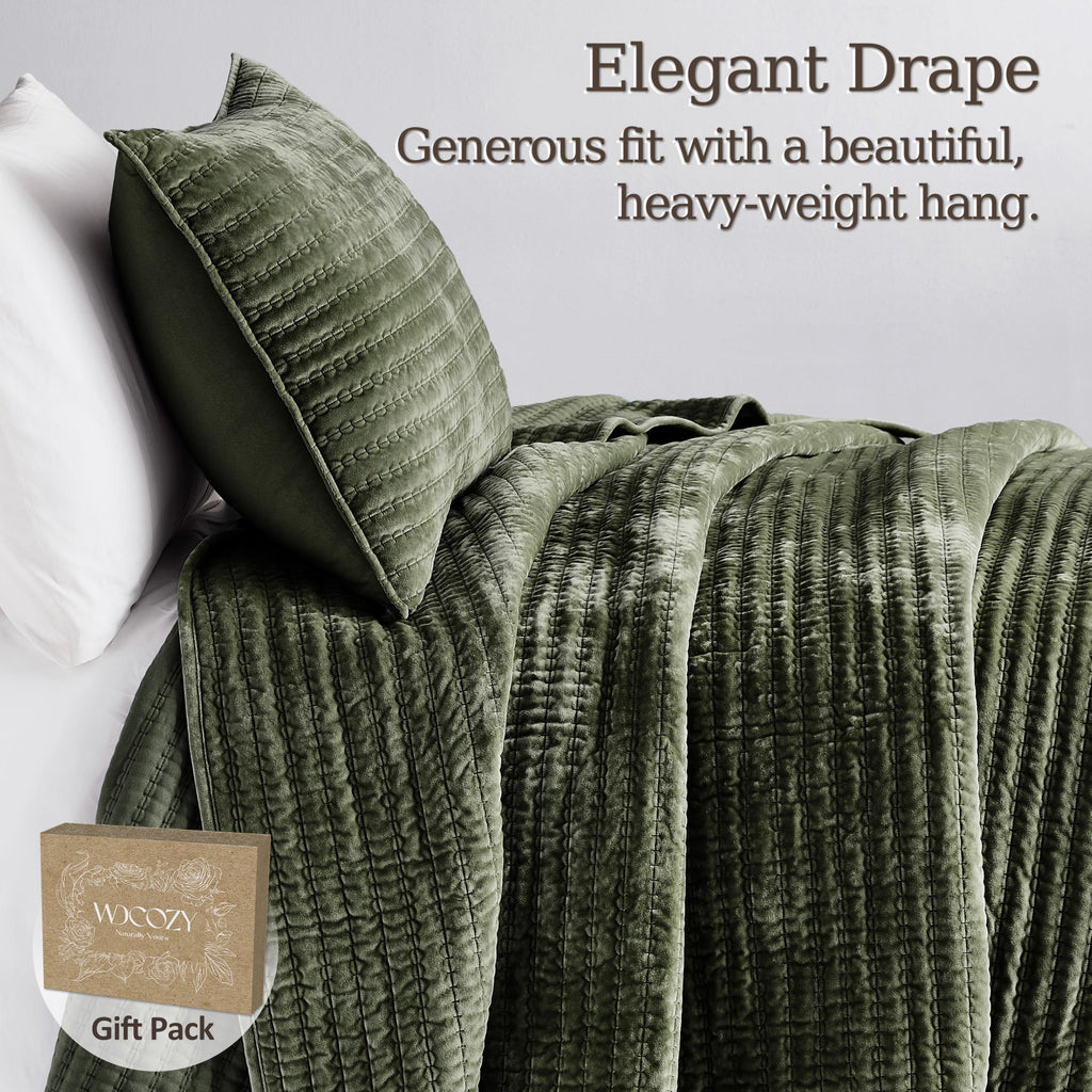 Velvet California Oversized Quilt Set - Olive Green Striped Pick Stitch Soft Lightweight Bedspread
