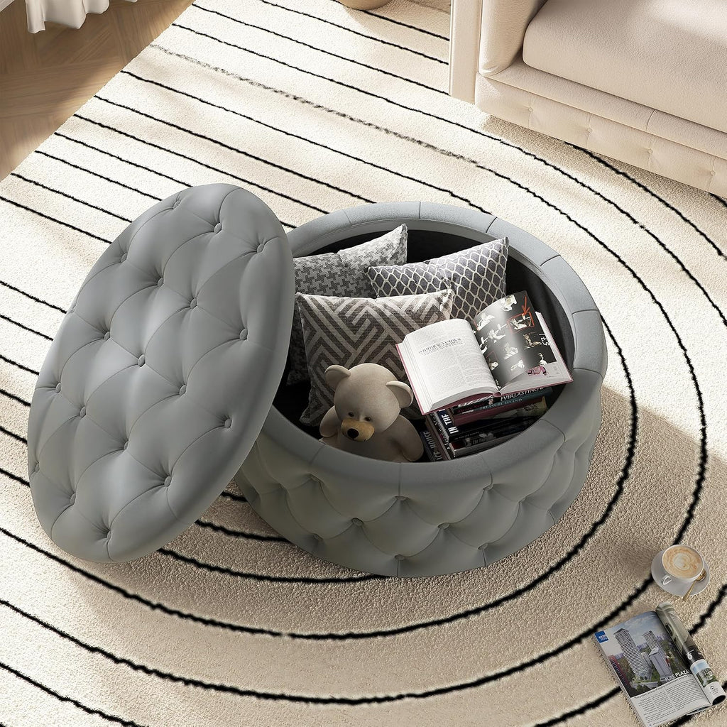 30 Inch Round Ottoman with Storage Tray,Large Coffee Table | Circle Modern Button Footstool with Removable Lid,Cozy