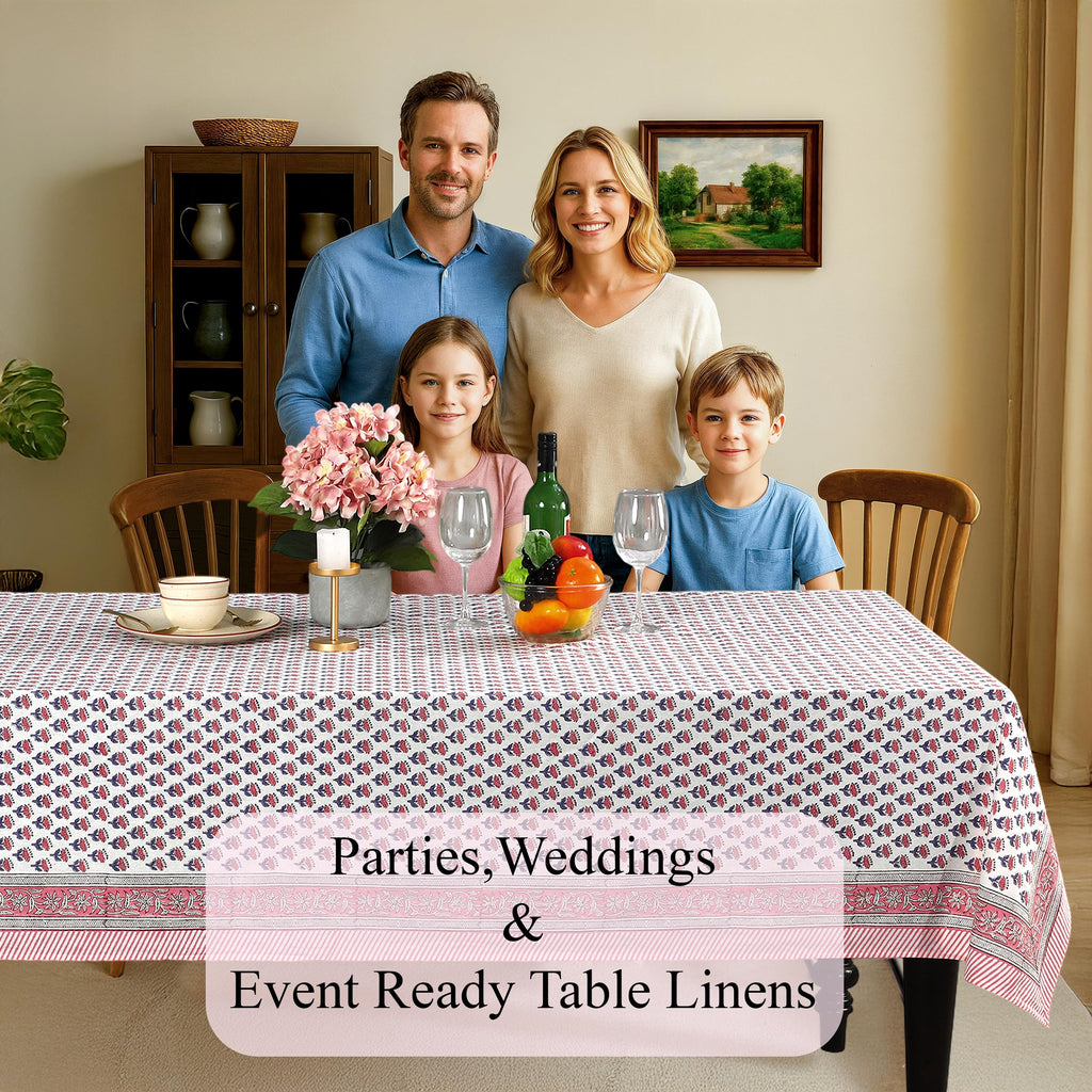 CPC Pink Sapphire Block Print 100% Cotton Square Tablecloth 60x60 Inch