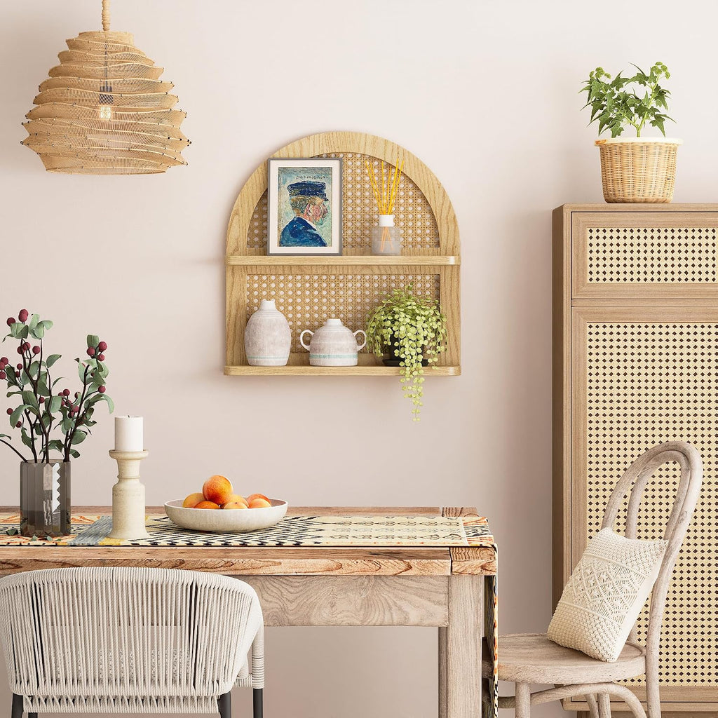 Wood Boho Rattan Wall Shelf - 2-Tier Arched Wicker Floating Shelf Natural Wood New Boho Shelf, Rustic Farmhouse