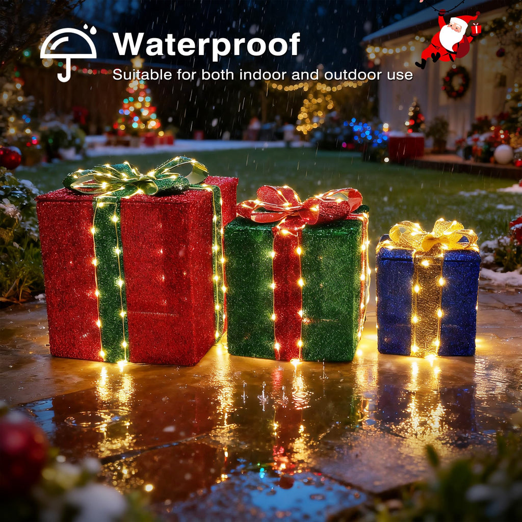 Set of 3 Christmas Lighted Gift Boxes - Warm White 160 LEDs Outdoor Decor