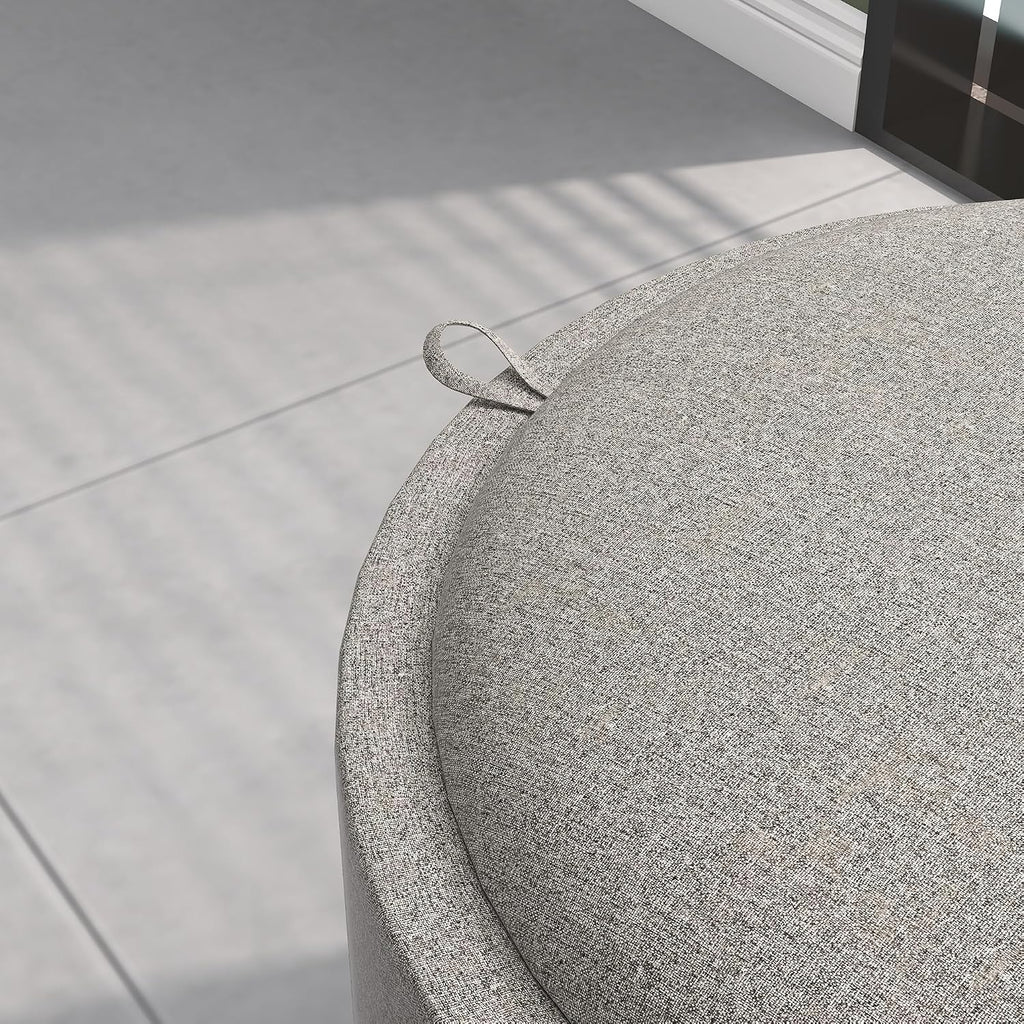 Round Storage Ottoman with Flip Top Tray, Footstool, Light Gray | Upholstered Fabric, Small Coffee Table, Hidden