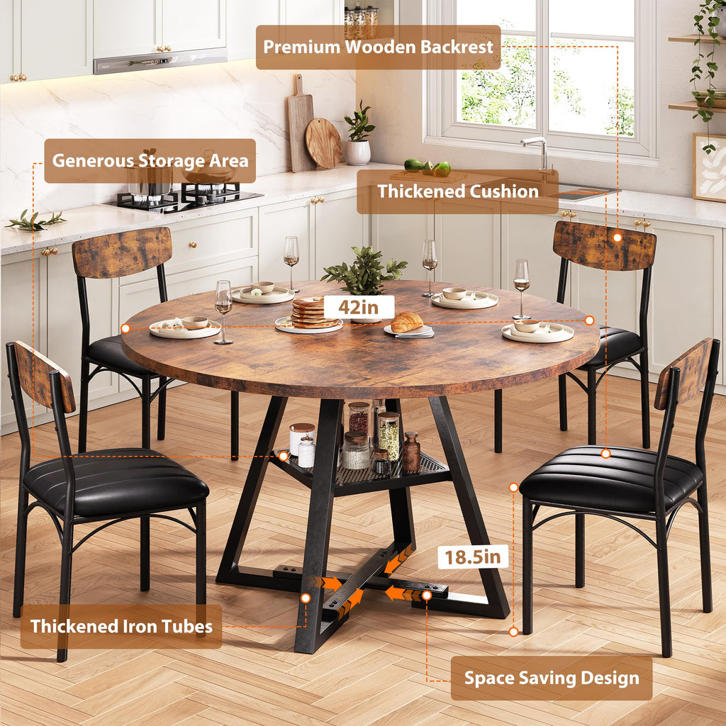 Dining Table Set for 4, Kitchen Table and Chairs for 4, Round Dining Room Table with Upholstered Chairs, 5 Piece Space