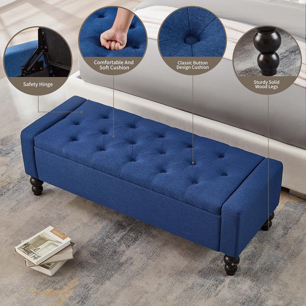 50" W Storage Ottoman Bench with Safety Hinge, Load up to 660 lb Ottoman with Storage, Upholstered Tufted Entryway