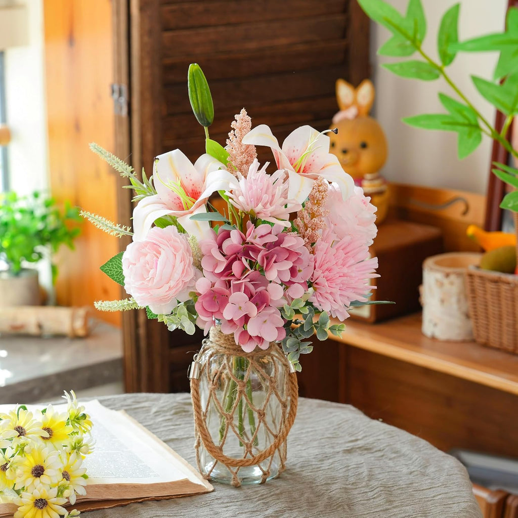 Fake Flowers with Vase -Hydrangea & Lily Artificial Floral Arrangement