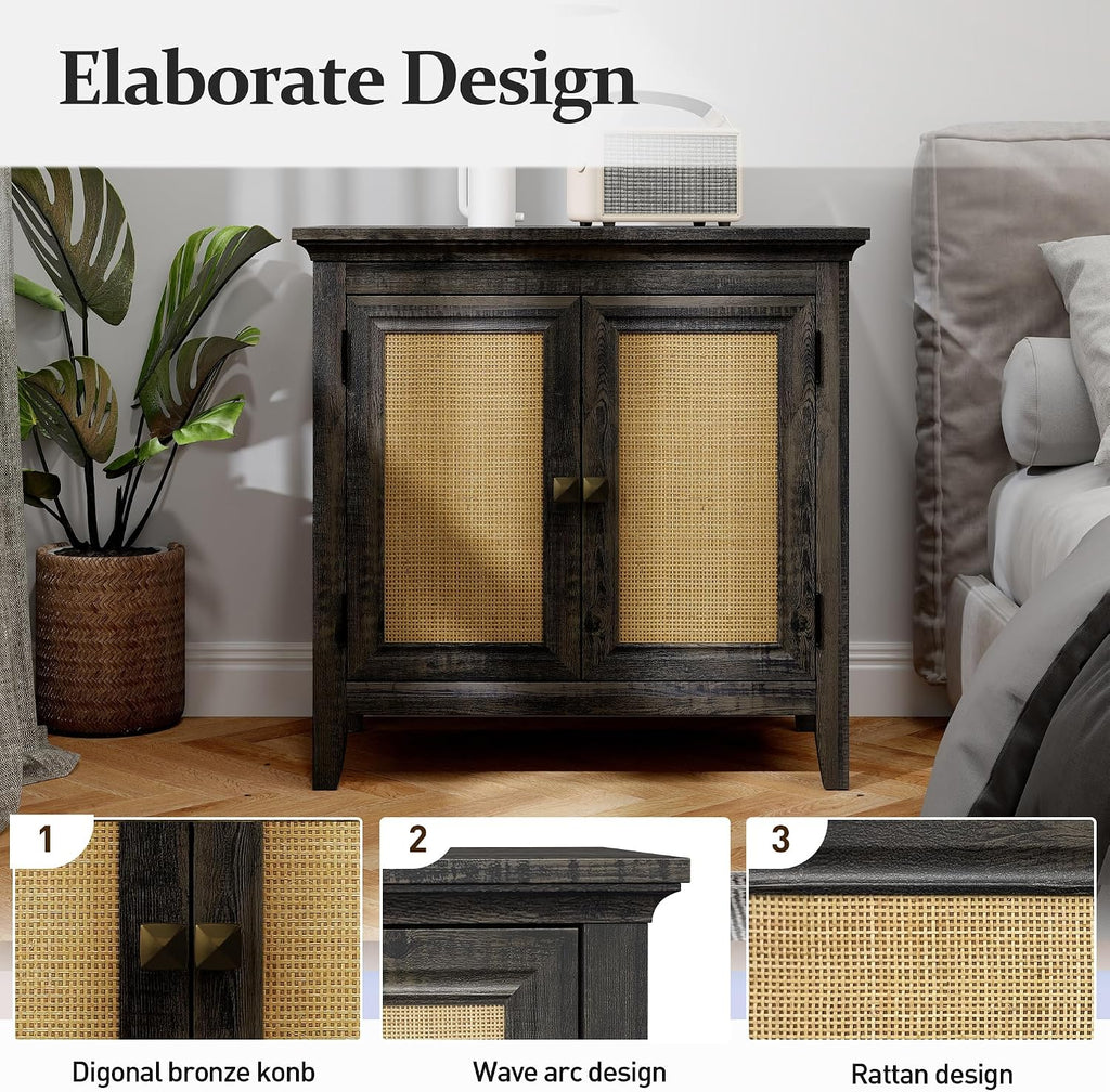 Rattan Accent Cabinet with Doors, Boho Entryway Cabinet, Wooden Decorative Sideboard with Adjustable Shelf & Doors